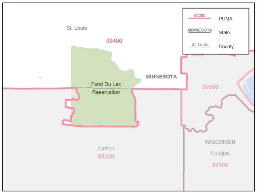 Public Use Microdata Area 00400 Minnesota map showing Fond Du Lac Reservation included.