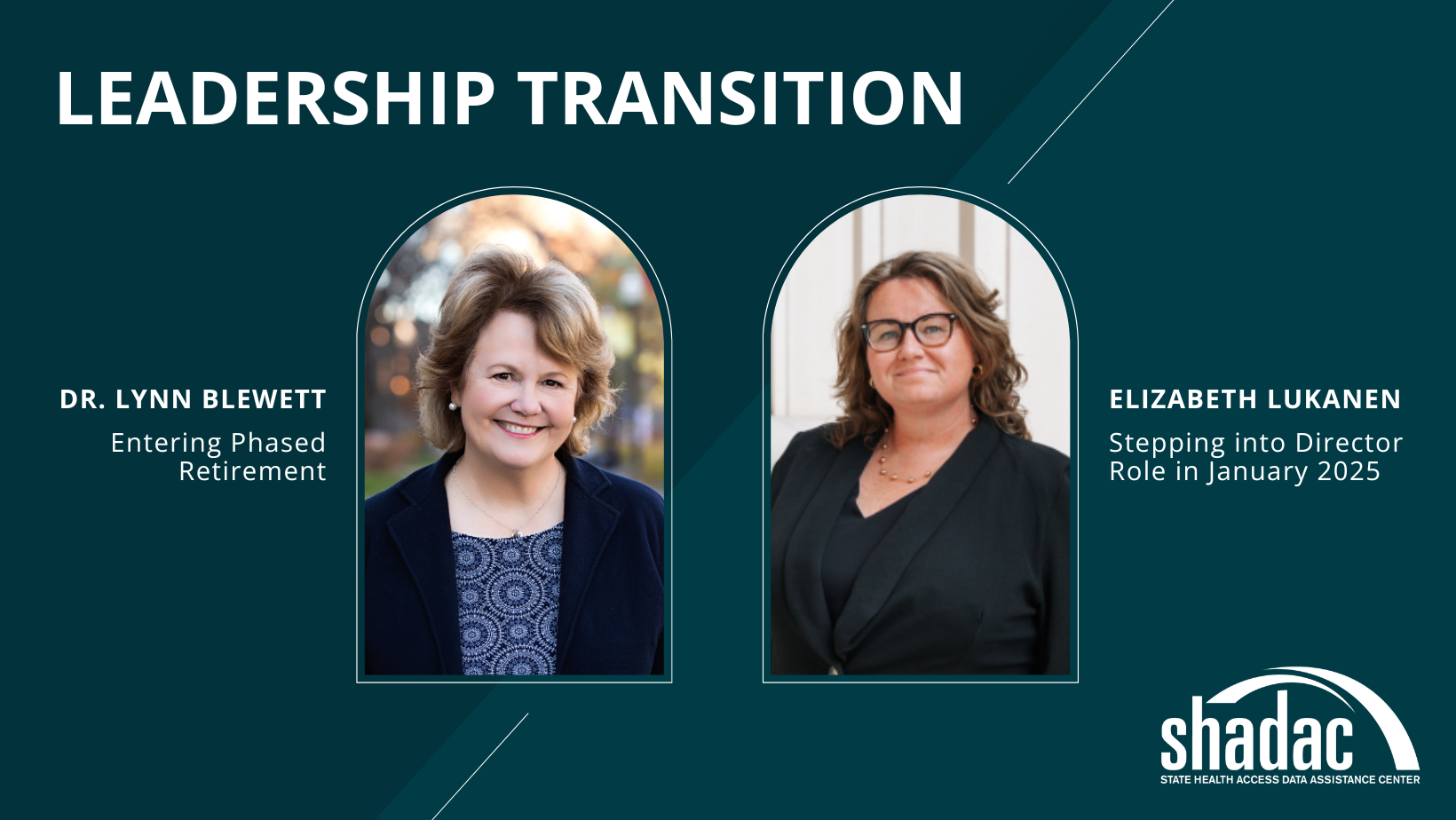 leadership transition announcement graphic showing Dr. Lynn Blewett retiring with Elizabeth Lukanen stepping into Director role.