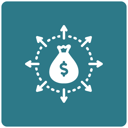 opioid sales icon showing a symbol of a bag of money with arrows pointing out on a teal background