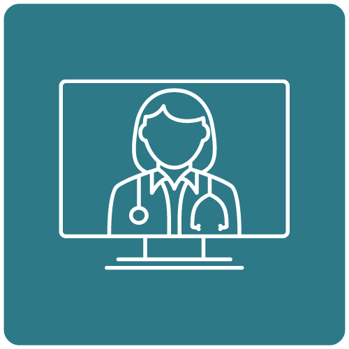 telehealth visit data icon showing a telehealth provider female doctor outline on a computer screen on a teal background.