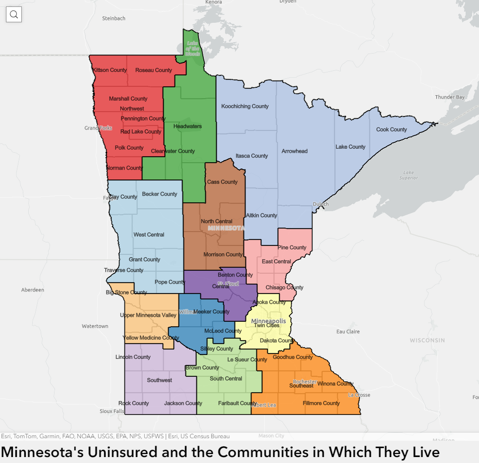 minnesota uninsured interactive map with counties outlined and different regions filled in with different colors