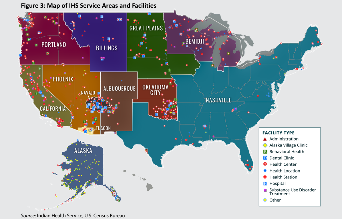 IHS service areas and facilities map of the united states. Used CDC information to populate.